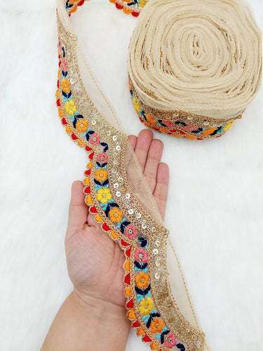 9 Yards Scallop Sequin Floral Border, Beige Shimmer Tissue Fabric Lace Trim Flowers Embroidery, Floral Sari Trimming